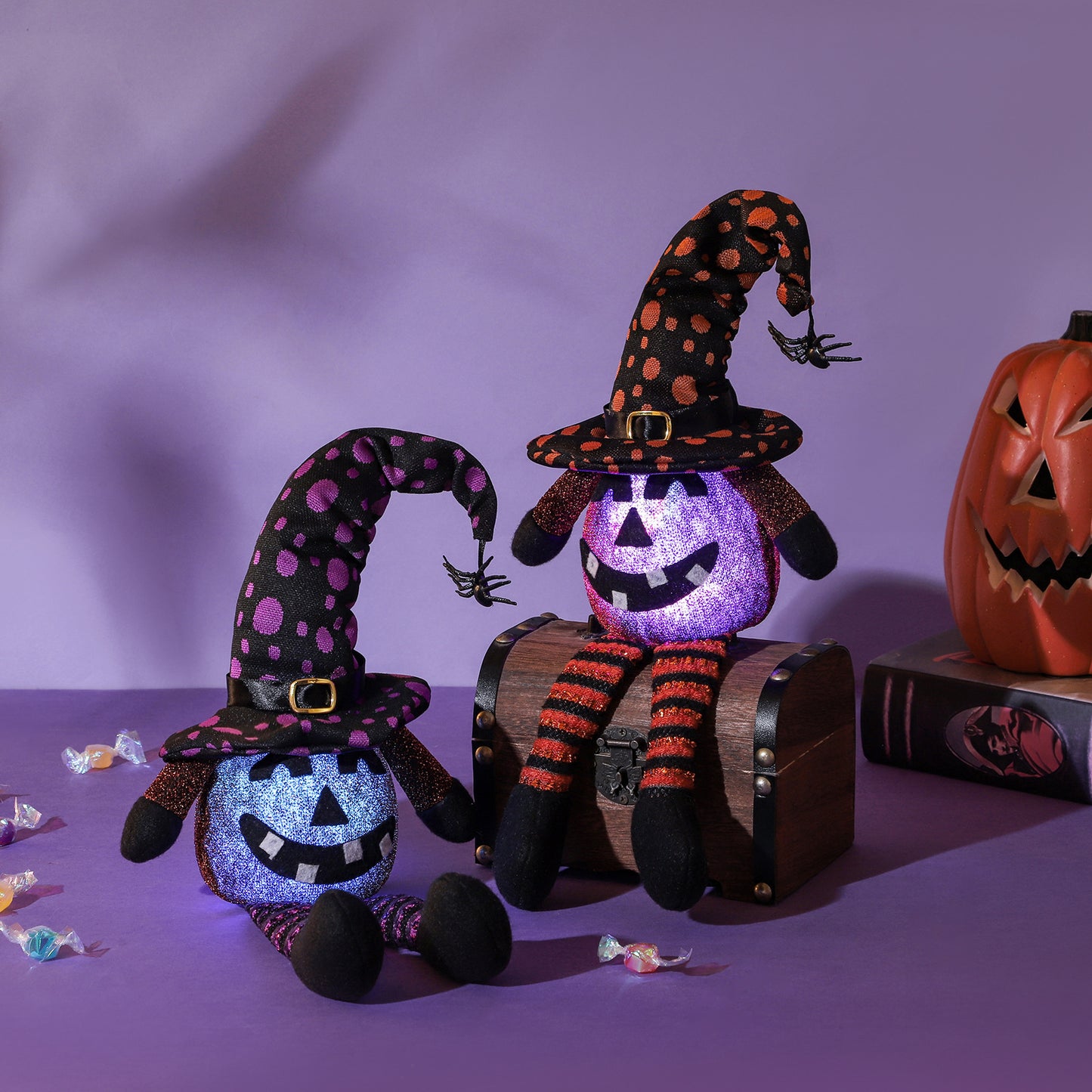 OutinBrew™ Halloween Wizard Hat Pumpkin  Glowing Spider Doll Decor