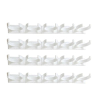 Adhesive spice bottle rack with four rows of curved clip holders on a white background