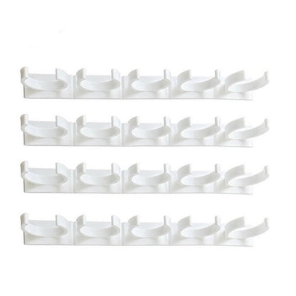 Adhesive spice bottle rack with four rows of curved clip holders on a white background