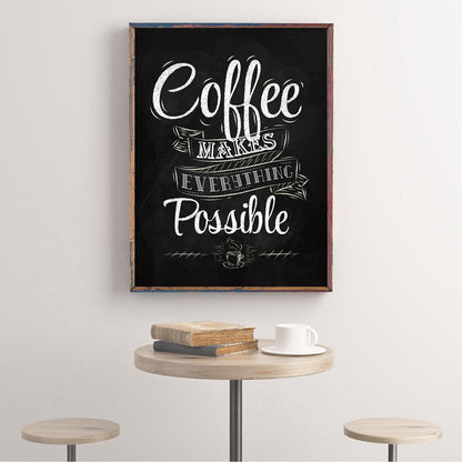 Print in a distressed wood frame hanging above a small cafe table with books and a coffee cup