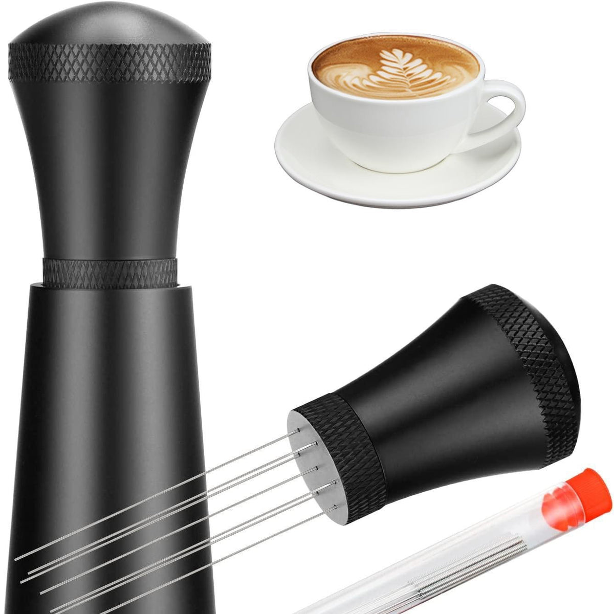 Coffee distribution tool disassembled into handle and needle head next to a latte and a spare needle tube