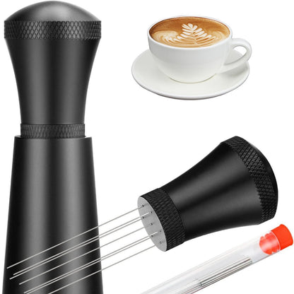 Coffee distribution tool disassembled into handle and needle head next to a latte and a spare needle tube