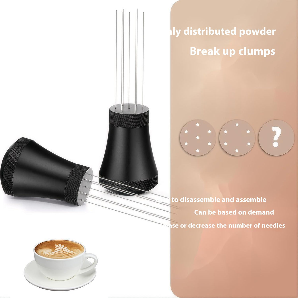 Black coffee distribution tool with seven needles exposed beside a needle-count comparison graphic