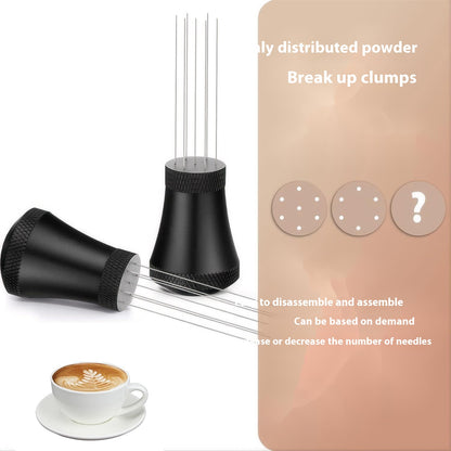 Black coffee distribution tool with seven needles exposed beside a needle-count comparison graphic