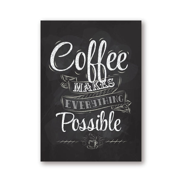 Close-up of the 'Coffee Makes Everything Possible' chalkboard-style print on a plain background