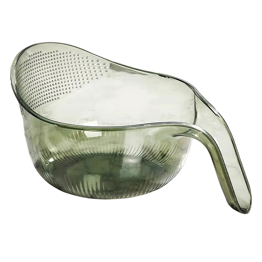 Green colander bowl shown from the side on a white background