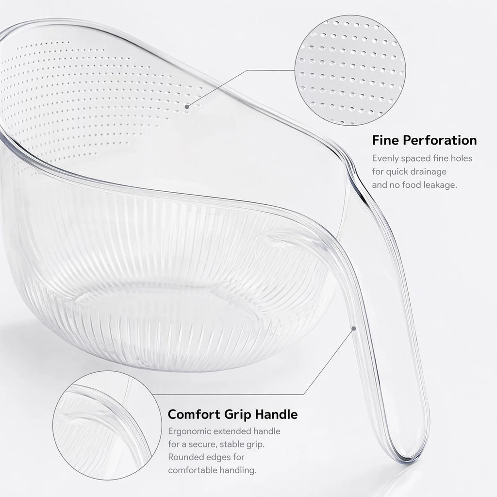 Close-up of the colander's fine perforated draining panel and comfort-grip handle