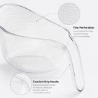 Close-up of the colander's fine perforated draining panel and comfort-grip handle