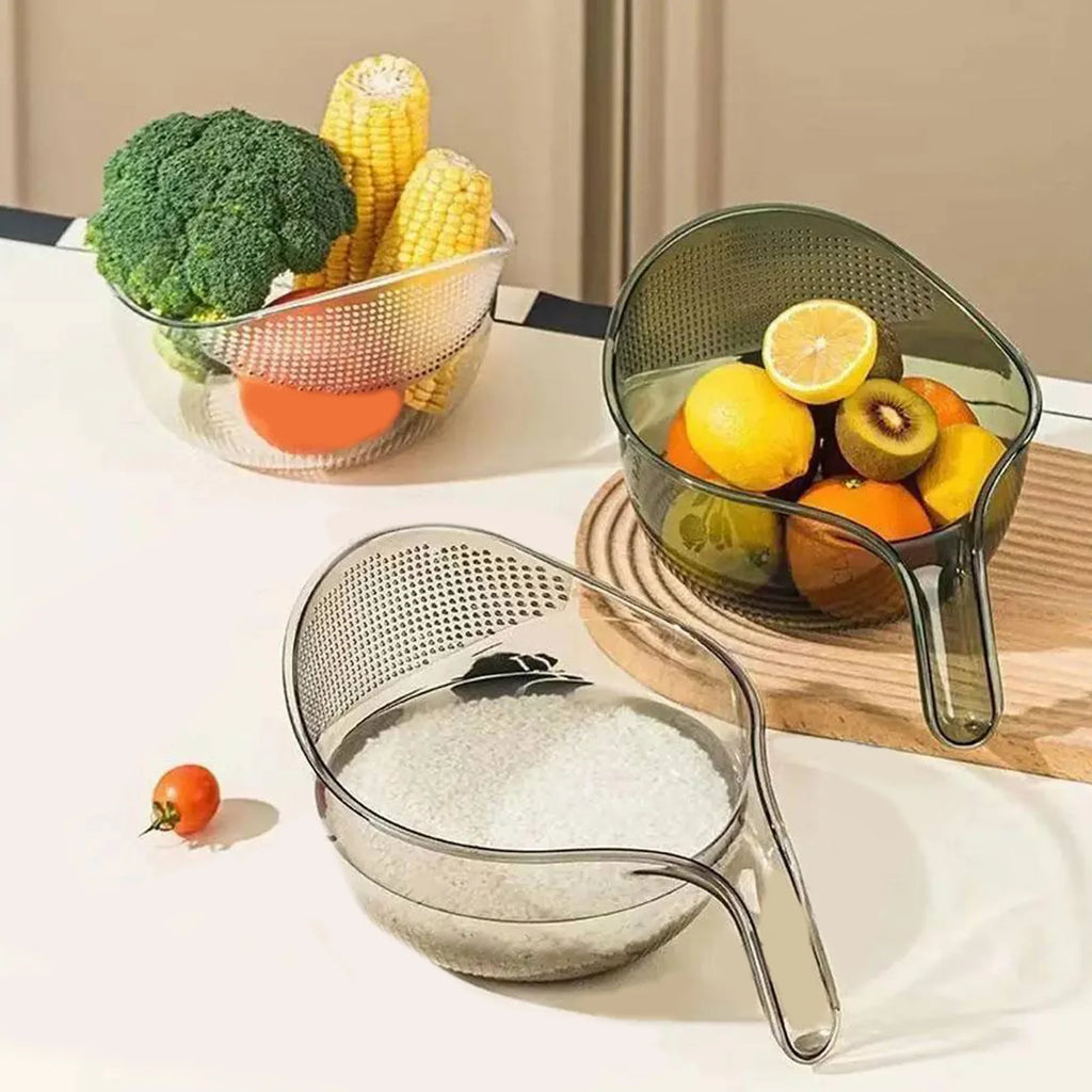 Three colander bowls on a kitchen counter holding broccoli and corn, citrus fruit, and rice