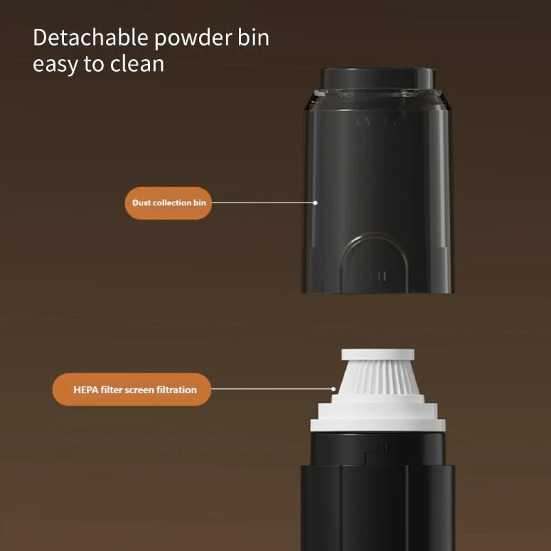 Detachable dust collection bin and HEPA filter screen shown separated from the cleaner