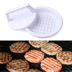 Burger press mold shown beside grilled hamburger patties cooking on a grill