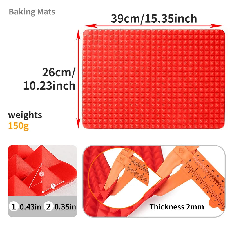 Diagram of the baking mat's dimensions: 39 x 26 cm (15.35 x 10.23 in), 150 g weight, and 2 mm thickness