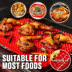 Infographic showing the mat is suitable for snacks, pizza, and meat, with a close-up of oil draining off the pyramid surface