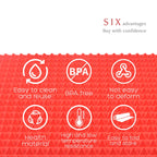 Infographic listing six features: easy to clean and reuse, BPA free, resists deforming, food-safe material, high and low temperature resistance, and easy to fold for storage
