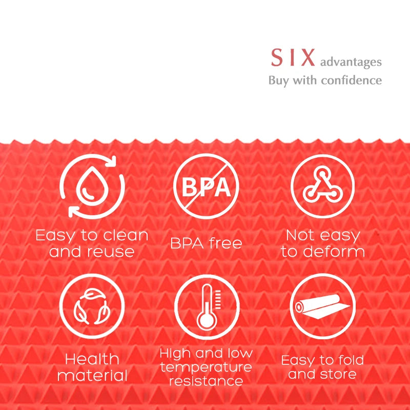 Infographic listing six features: easy to clean and reuse, BPA free, resists deforming, food-safe material, high and low temperature resistance, and easy to fold for storage