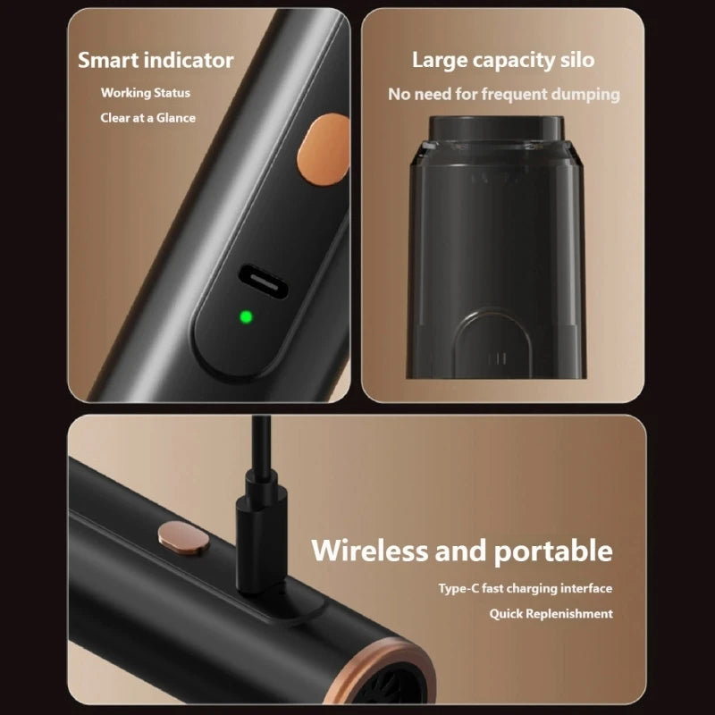 Close-up of the cleaner's power button, USB-C charging port, and status light, plus its large-capacity dust bin