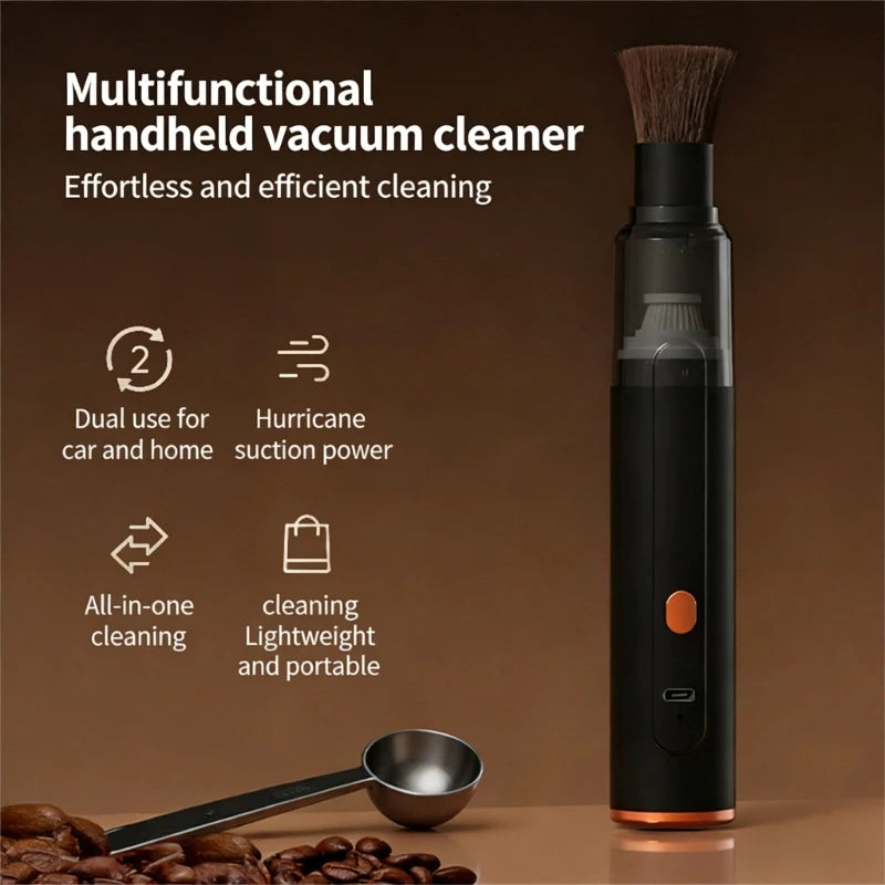 Coffee grinder cleaner standing beside a coffee scoop and beans with feature icons for dual use and suction power