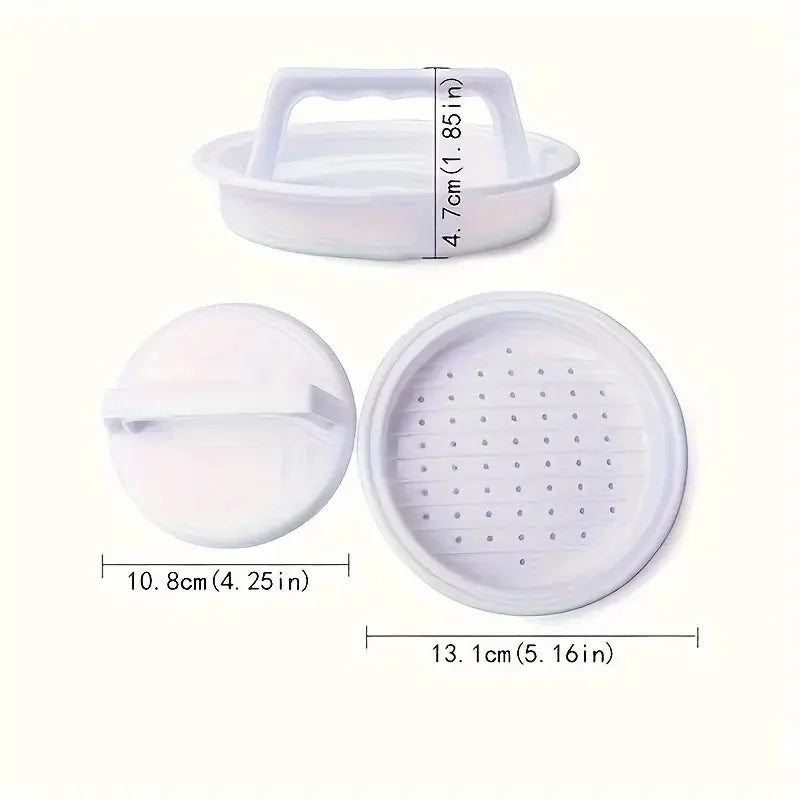 Burger press dimensions diagram showing a 10.8 cm handle, 13.1 cm base, and 4.7 cm height