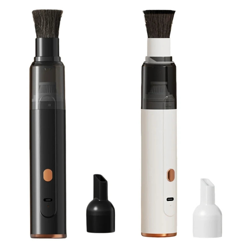 Cordless coffee grinder cleaner in black and white with brush head and nozzle attachment