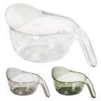 Clear colander bowl shown next to grey and green color variants