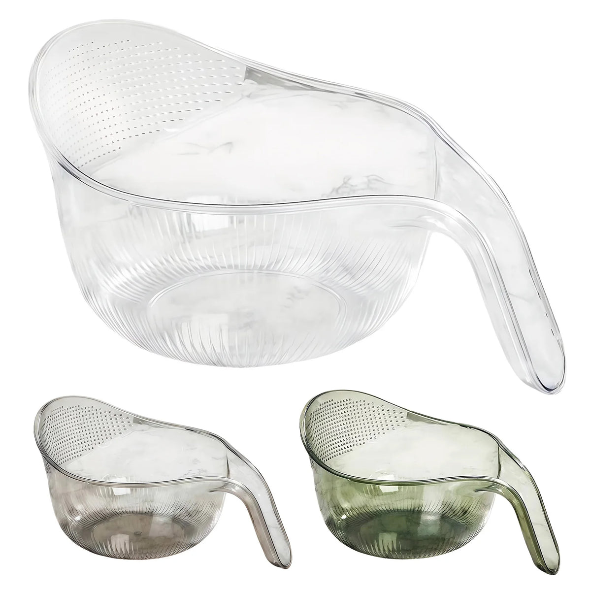 Clear colander bowl shown next to grey and green color variants