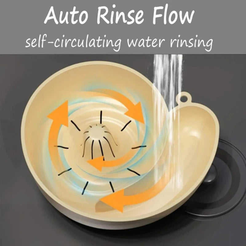 Diagram showing water swirling around the ridged center of the basket for auto-rinse cleaning