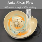 Diagram showing water swirling around the ridged center of the basket for auto-rinse cleaning