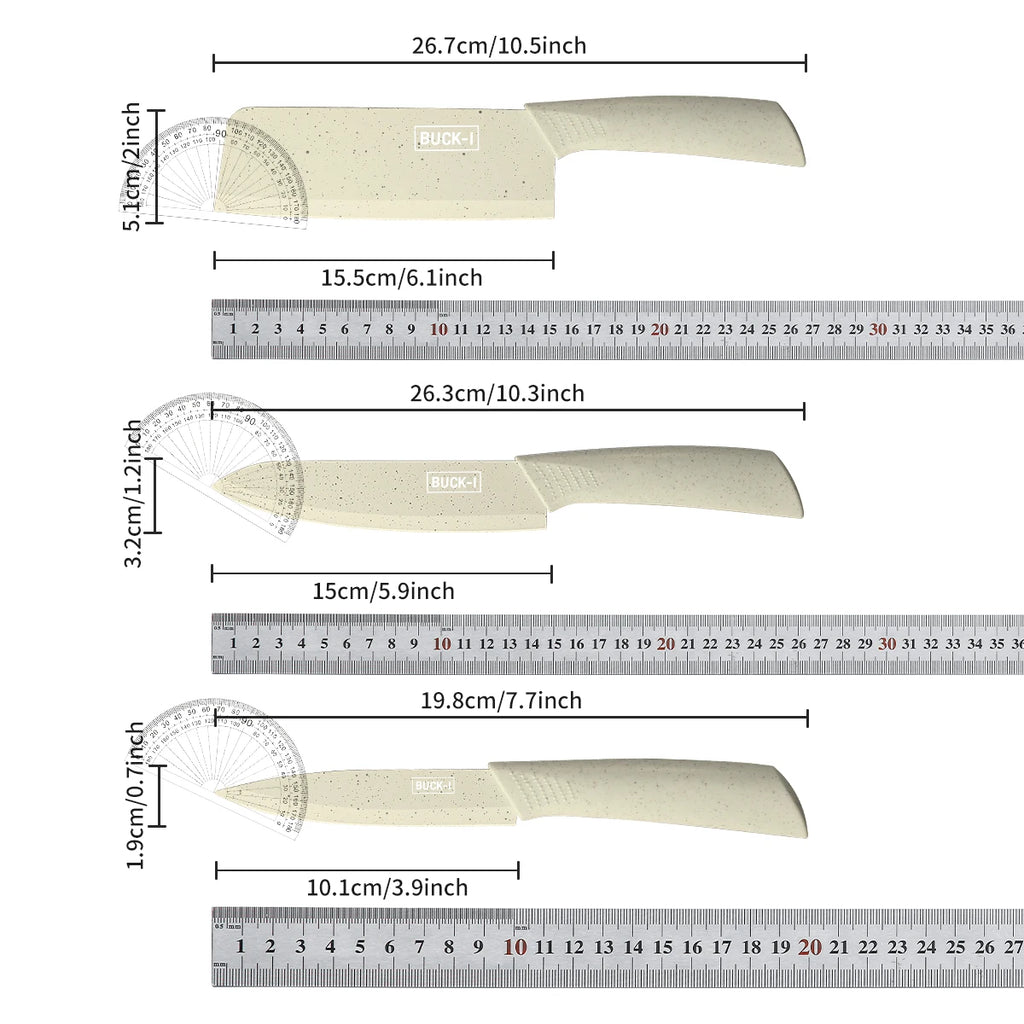 Dimension chart showing the blade and handle length of the three knives in the set