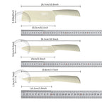 Dimension chart showing the blade and handle length of the three knives in the set