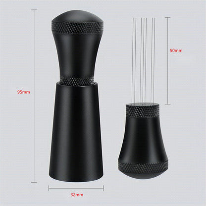 Coffee distribution tool and needle head with measurements showing a 95 mm handle and 50 mm needles